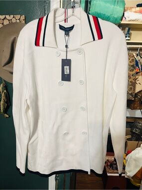 Tommy Hilfiger White Knit Top with Red & Navy Signature Stripe